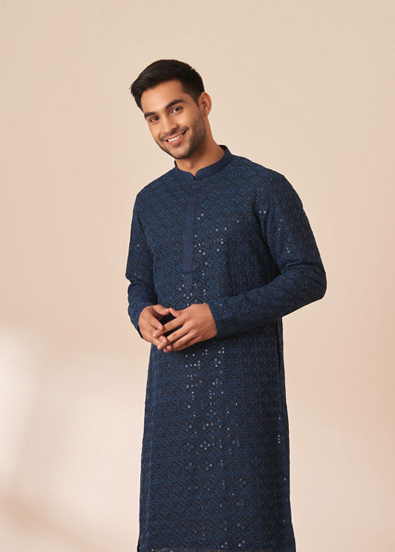 Manyavar Men Blue Chikankari Sequins Embroidered Kurta Pajama