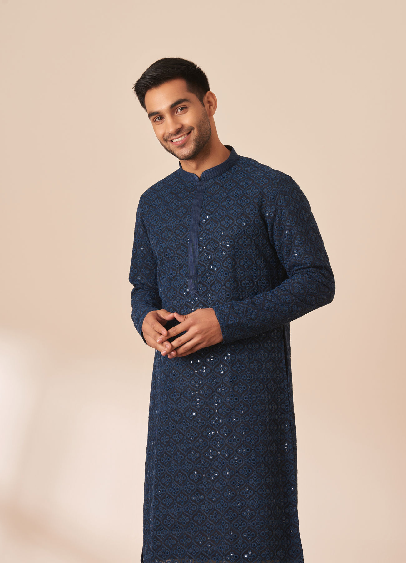 Manyavar Men Blue Chikankari Sequins Embroidered Kurta Pajama