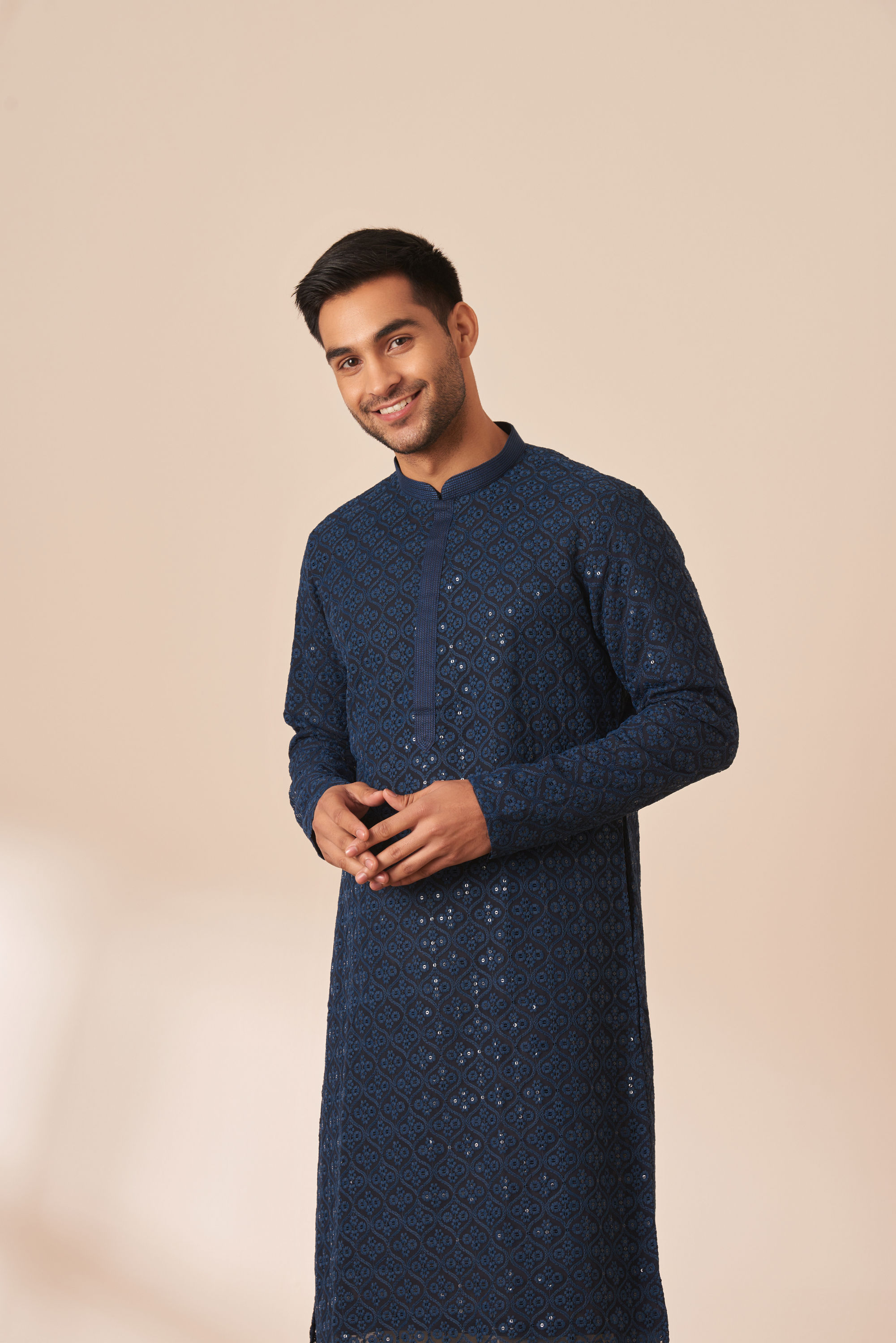 Manyavar Men Blue Chikankari Sequins Embroidered Kurta Pajama