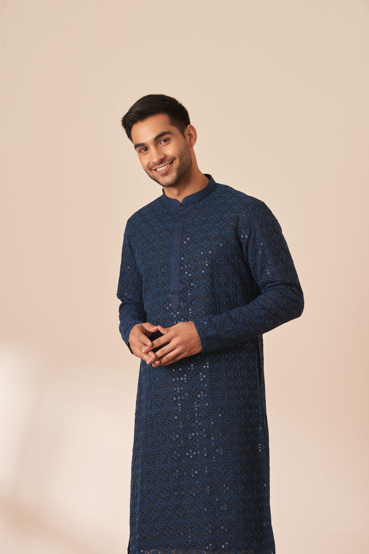 Manyavar Men Blue Chikankari Sequins Embroidered Kurta Pajama image number 0