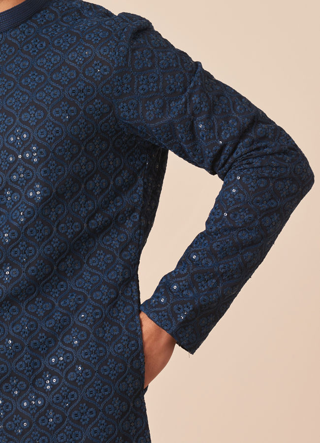 Manyavar Men Blue Chikankari Sequins Embroidered Kurta Pajama