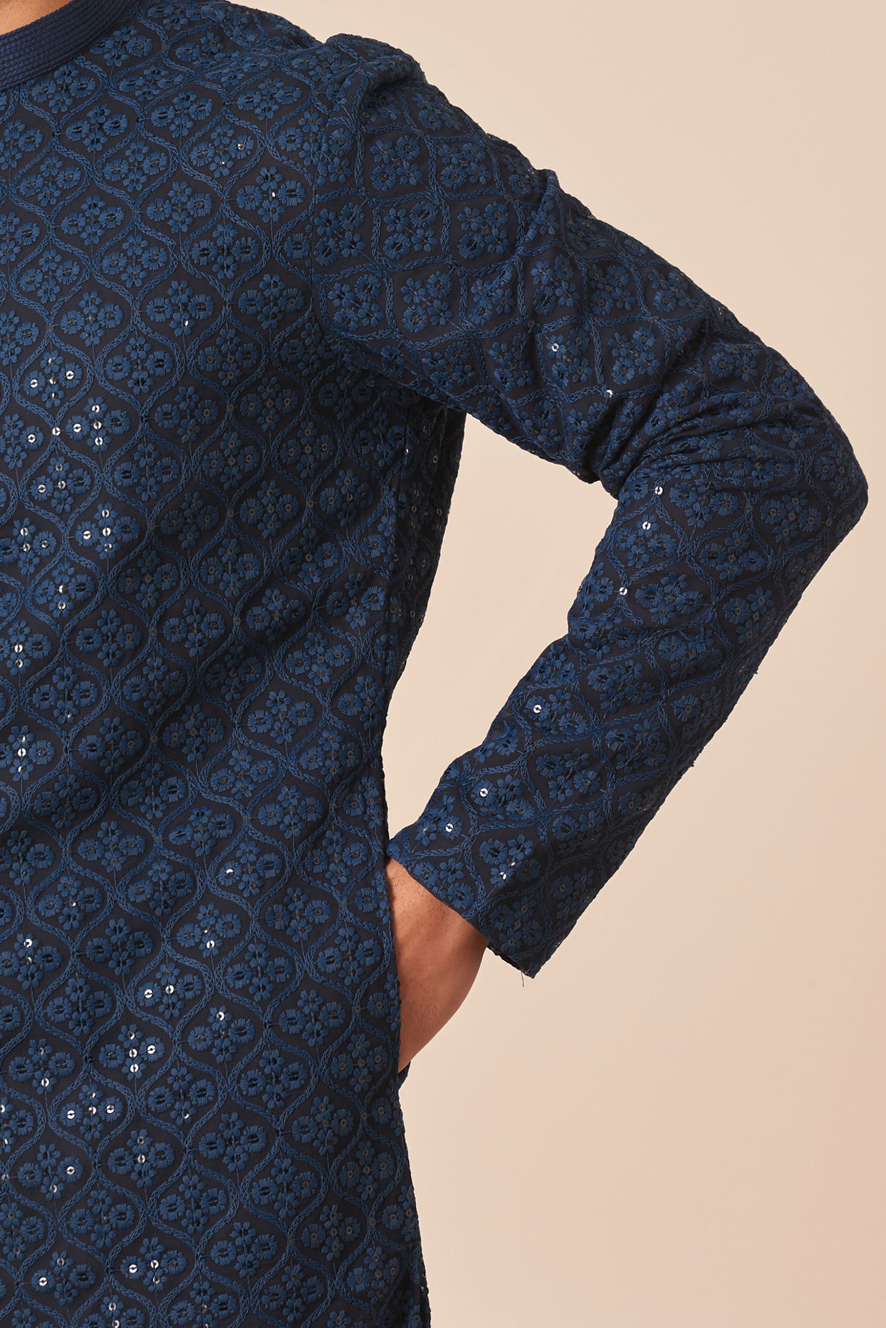 Manyavar Men Blue Chikankari Sequins Embroidered Kurta Pajama