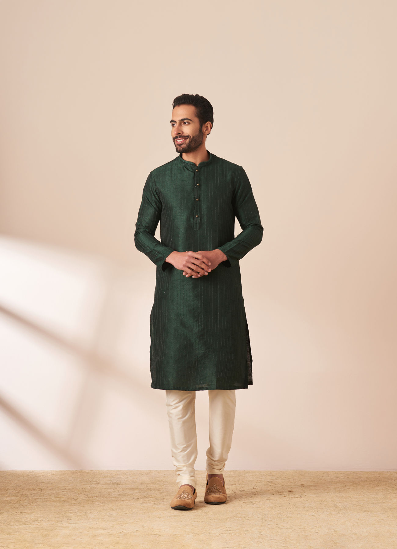 Manyavar Men Emerald Green Jacquard Kurta Pajama