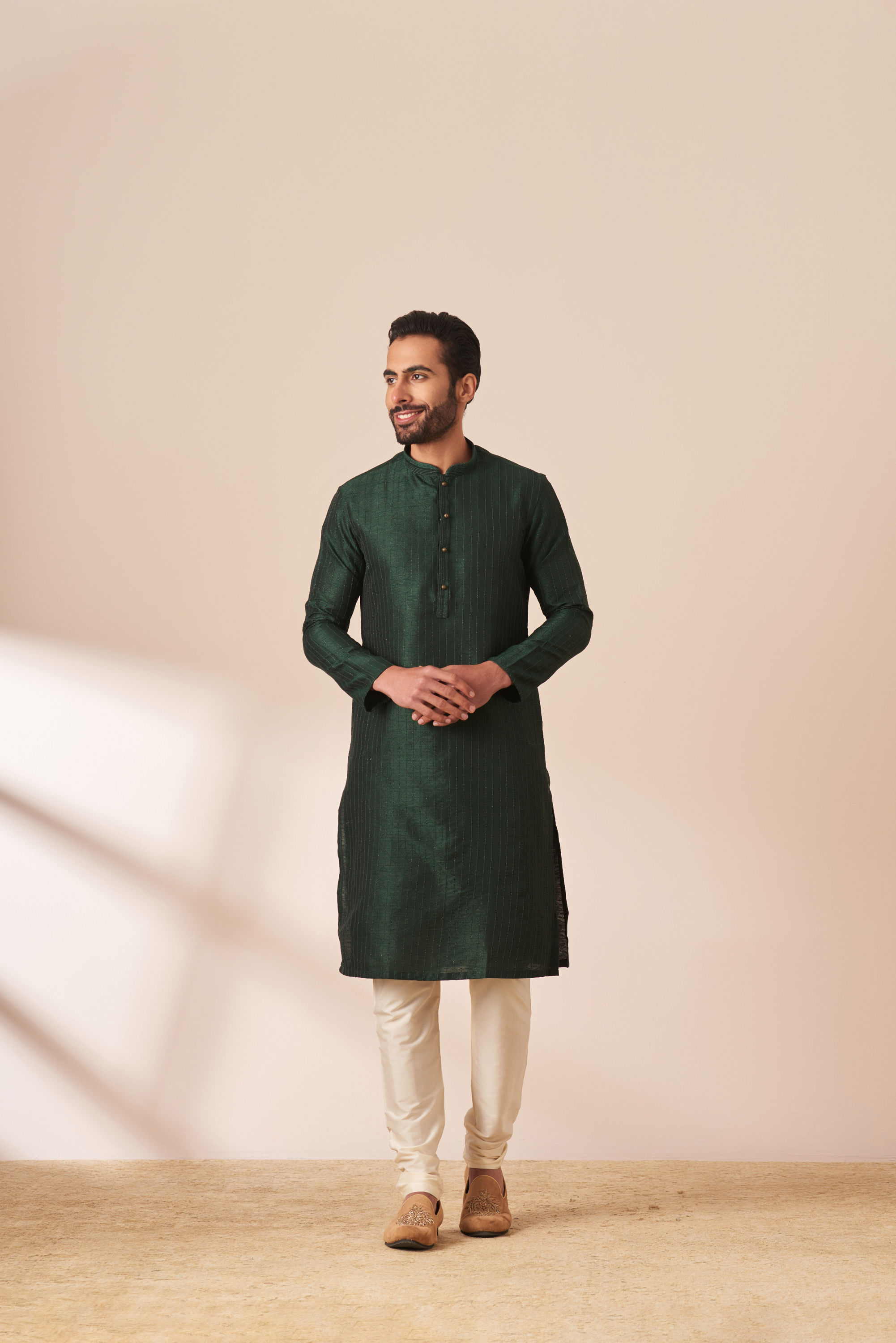 Manyavar Men Emerald Green Jacquard Kurta Pajama