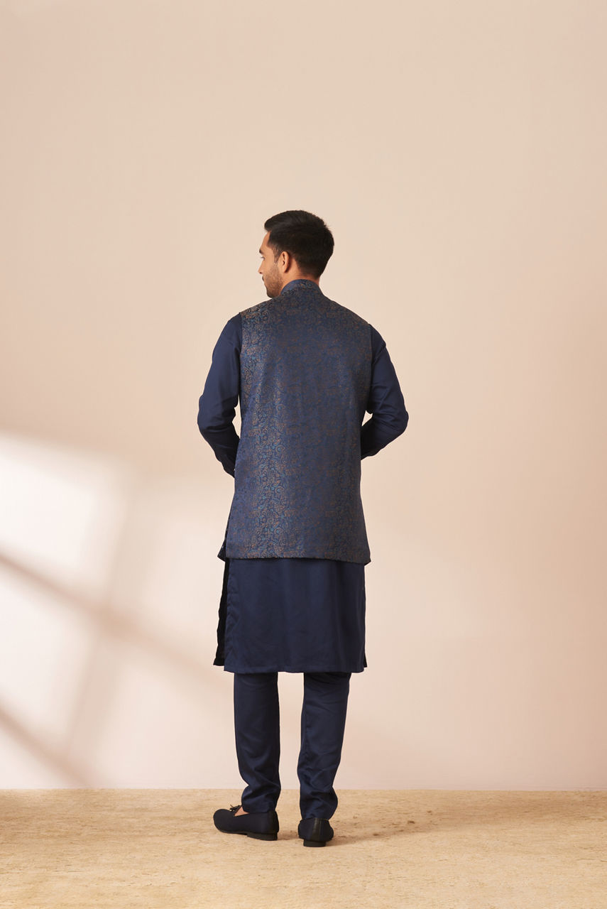 Manyavar Men Sapphire Blue Paisley Kurta Jacket Set