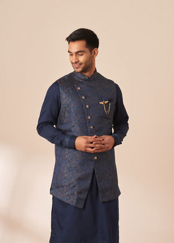 Manyavar Men Sapphire Blue Paisley Kurta Jacket Set