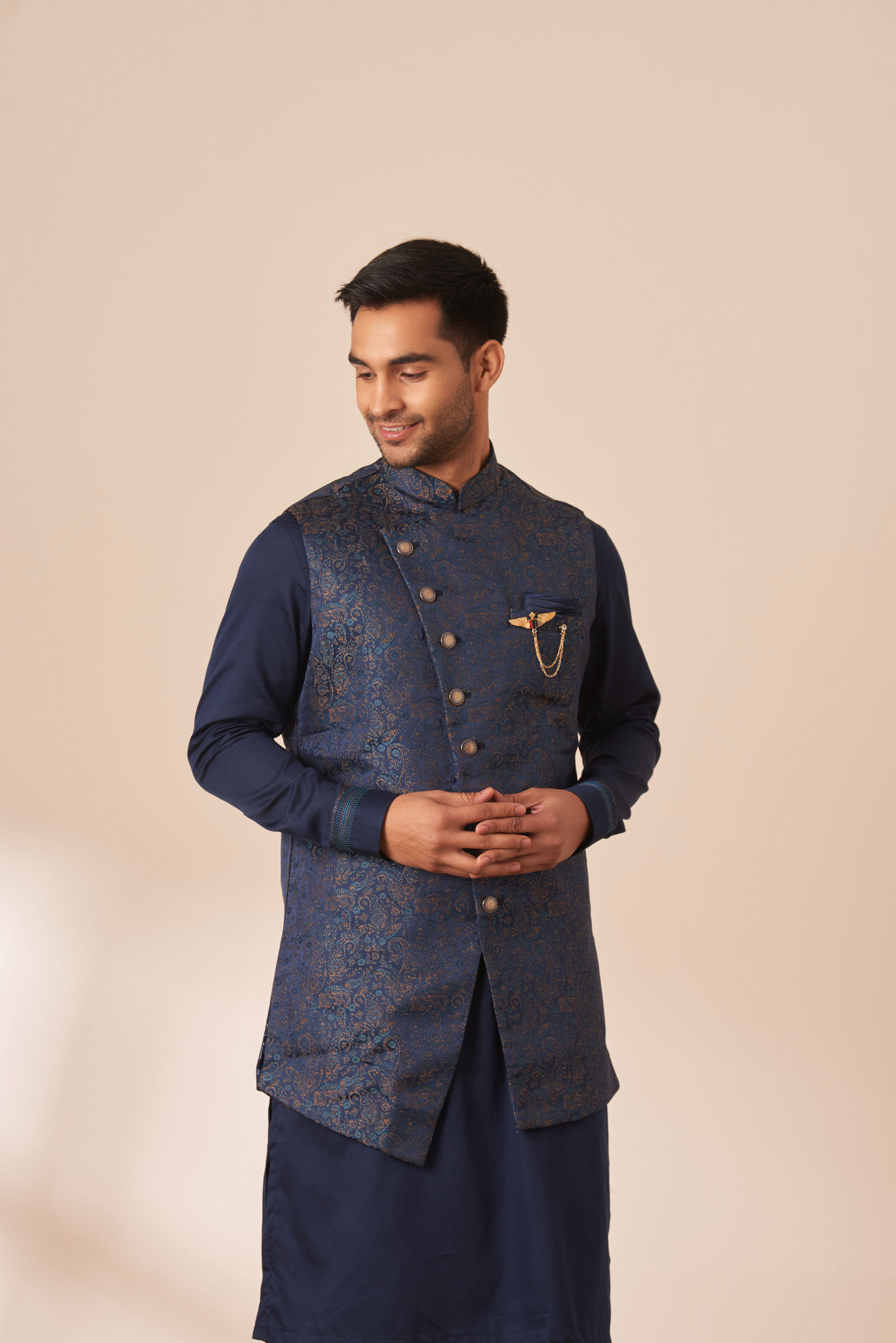 Manyavar Men Sapphire Blue Paisley Kurta Jacket Set