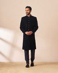 Manyavar Men Navy Blue Embellished Sherwani Set