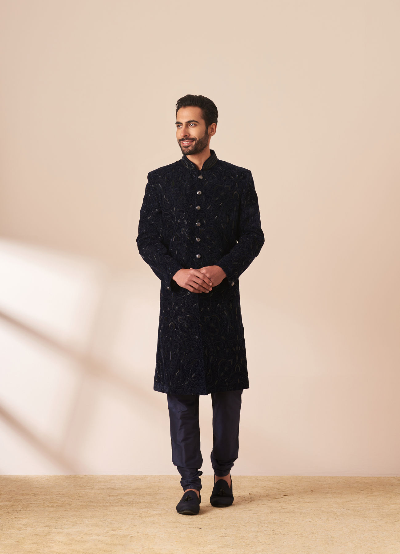 Manyavar Men Navy Blue Embellished Sherwani Set