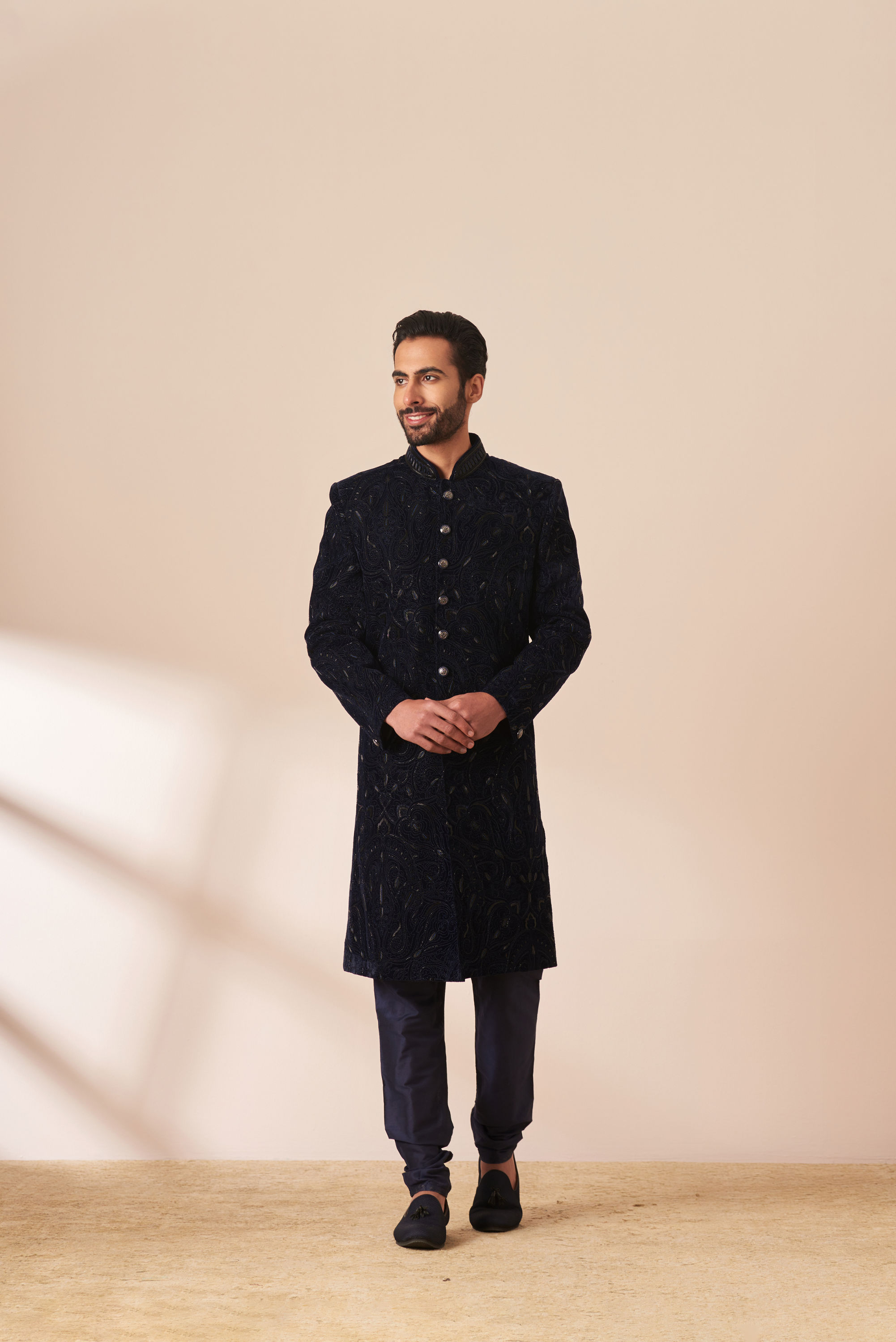 Manyavar Men Navy Blue Embellished Sherwani Set