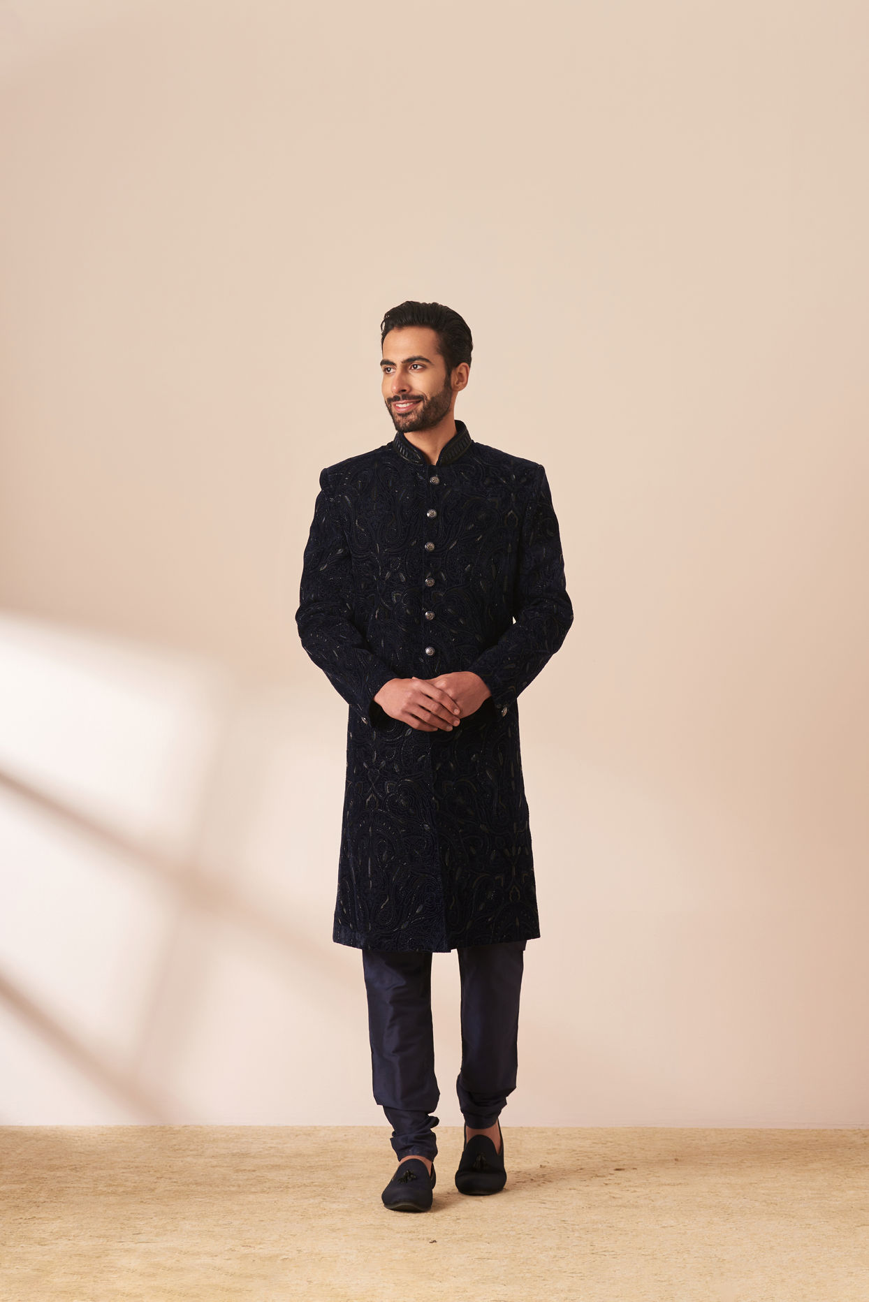 Manyavar Men Navy Blue Embellished Sherwani Set