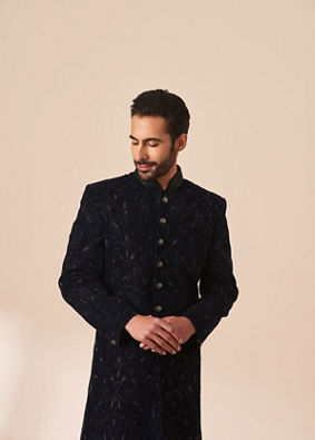 Manyavar Men Navy Blue Embellished Sherwani Set