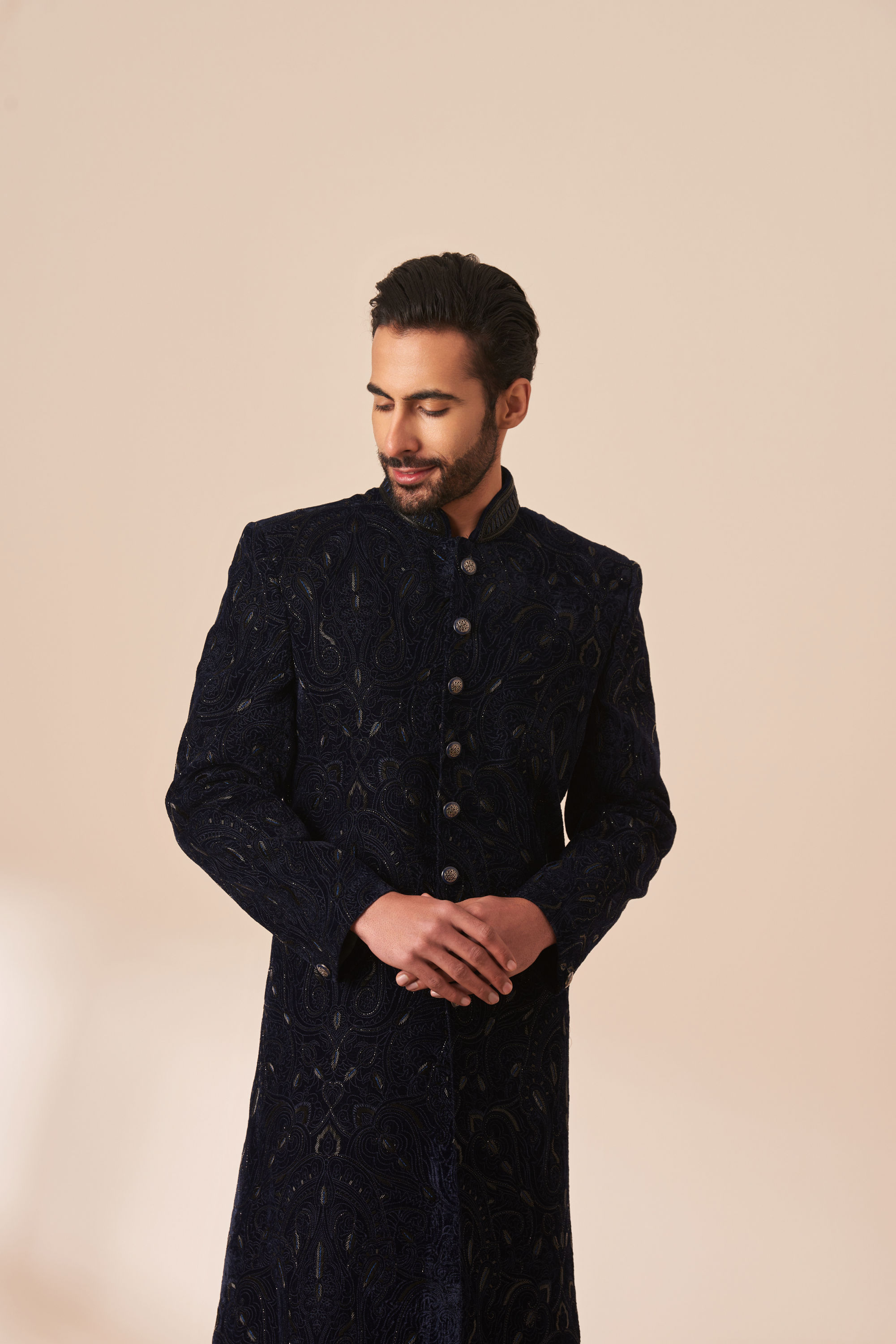 Manyavar Men Navy Blue Embellished Sherwani Set