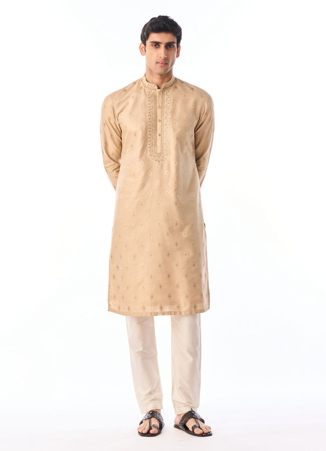 Manyavar Men Beige Silk Kurta Pajama
