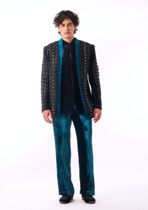 Twamev Men Teal Embellished Indo-Western