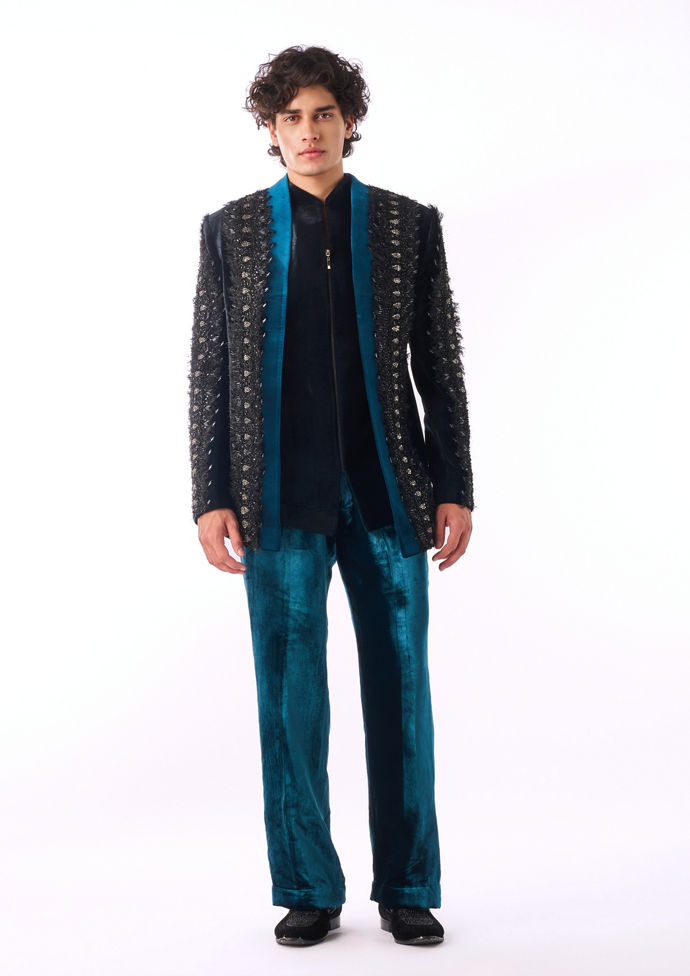 Twamev Men Teal Embellished Indo-Western