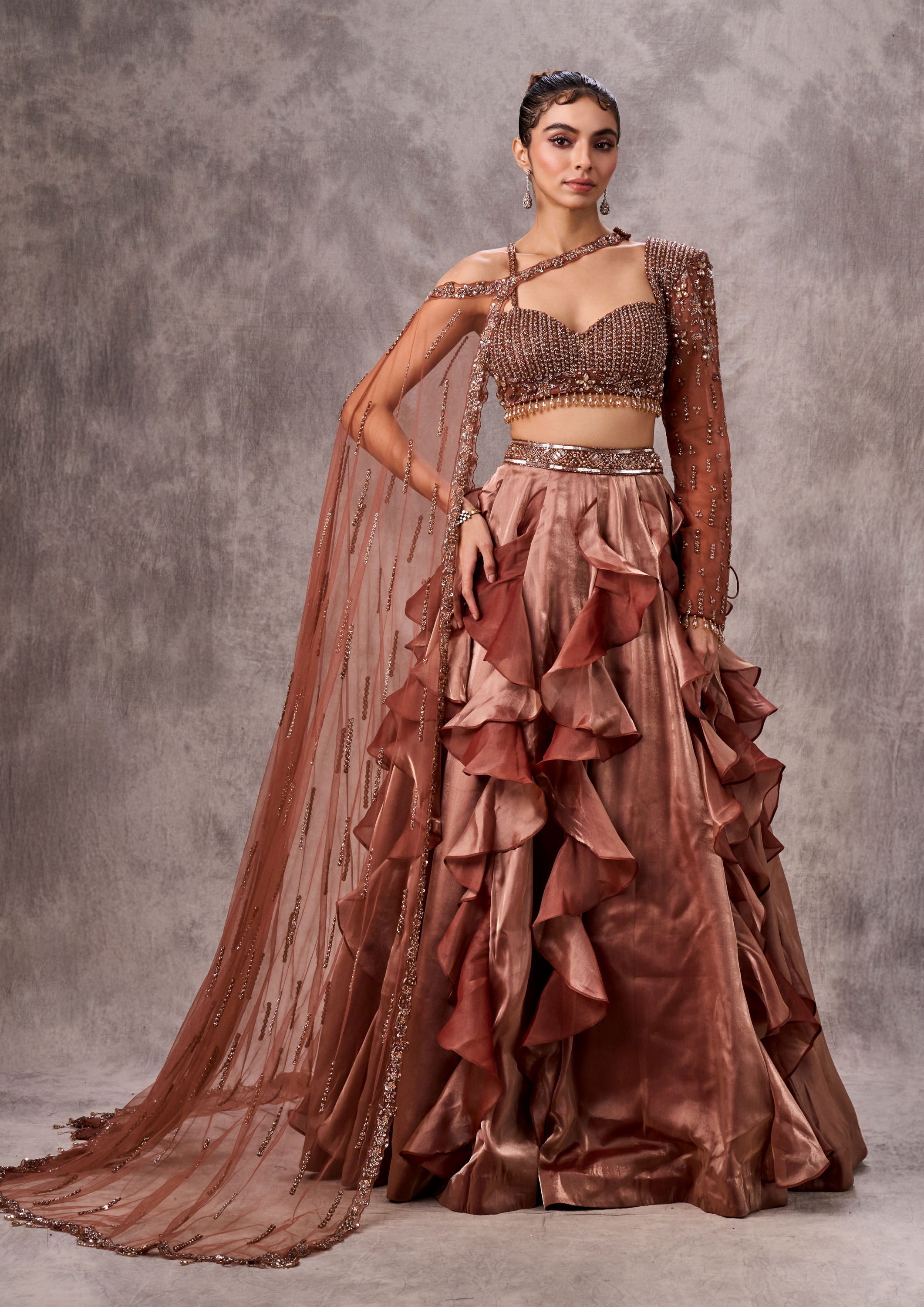 Twamev Women Beige Satin Cocktail Lehenga Set