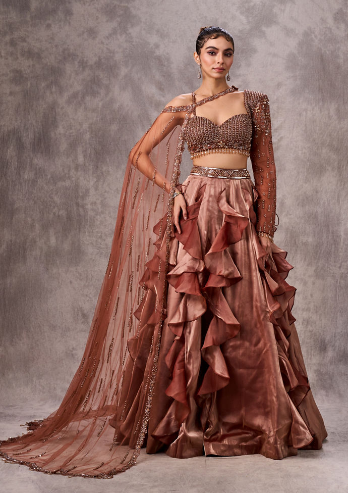 Twamev Women Beige Satin Cocktail Lehenga Set