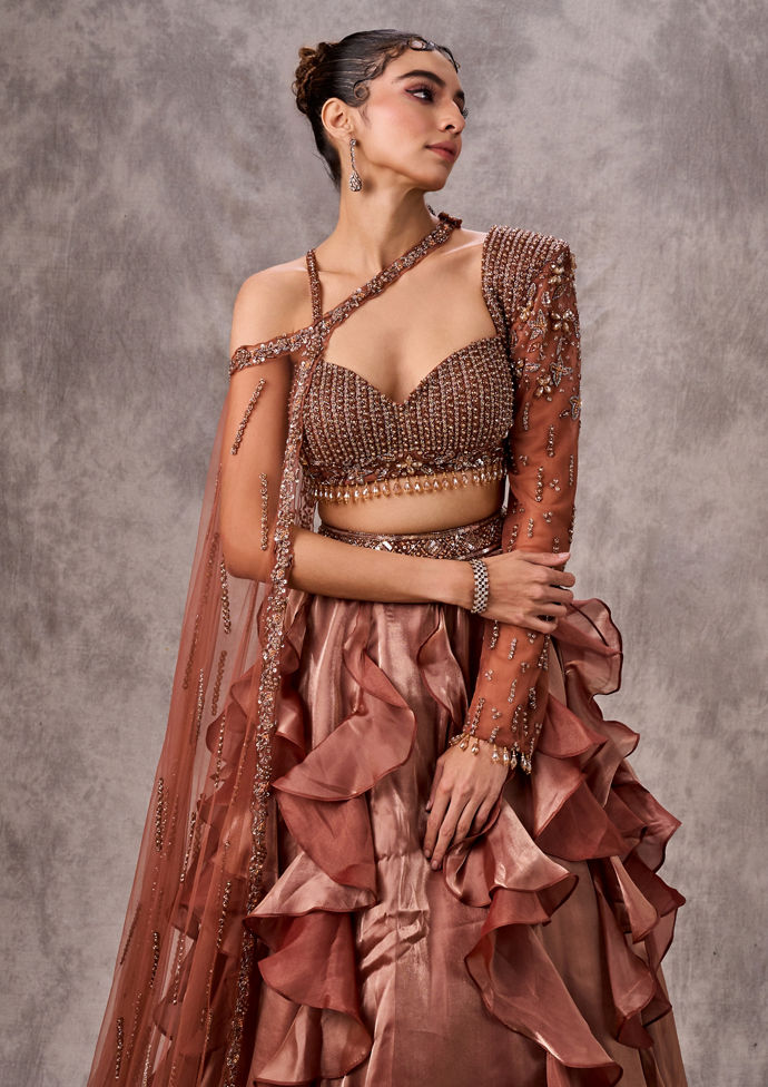 Twamev Women Beige Satin Cocktail Lehenga Set