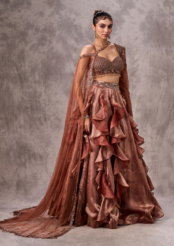 Twamev Women Beige Satin Cocktail Lehenga Set