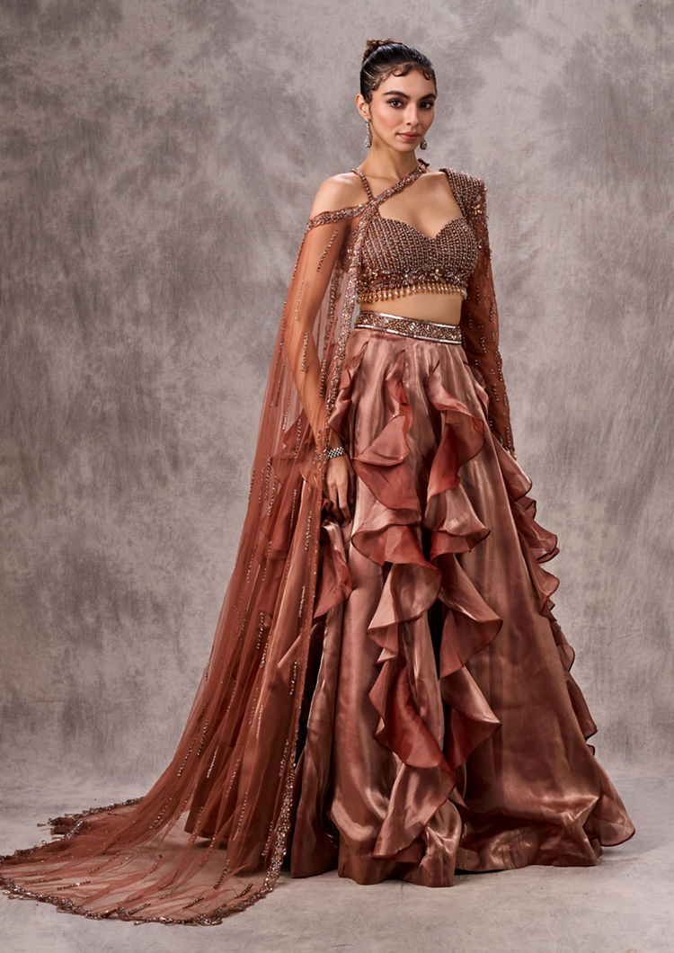 Twamev Women Beige Satin Cocktail Lehenga Set