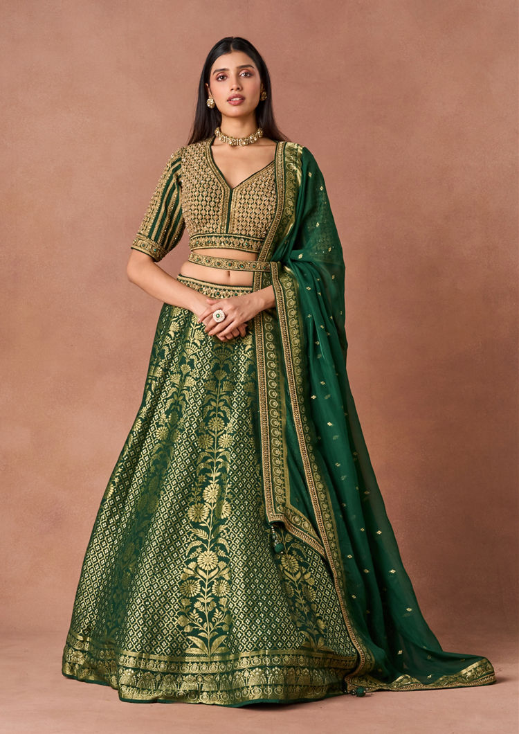 Twamev Women Bottle Green Gold-Printed Lehenga