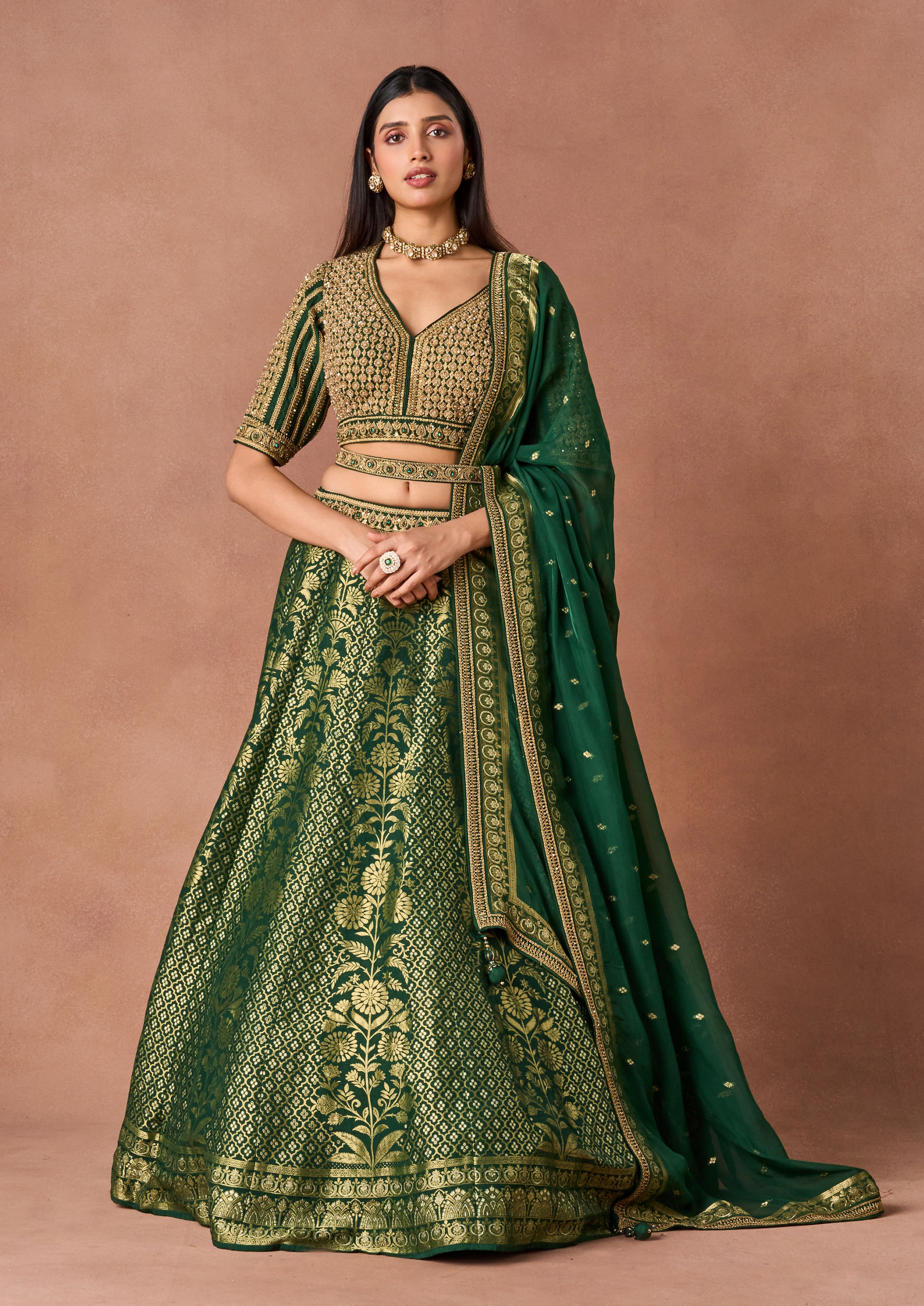 Twamev Women Bottle Green Gold-Printed Lehenga
