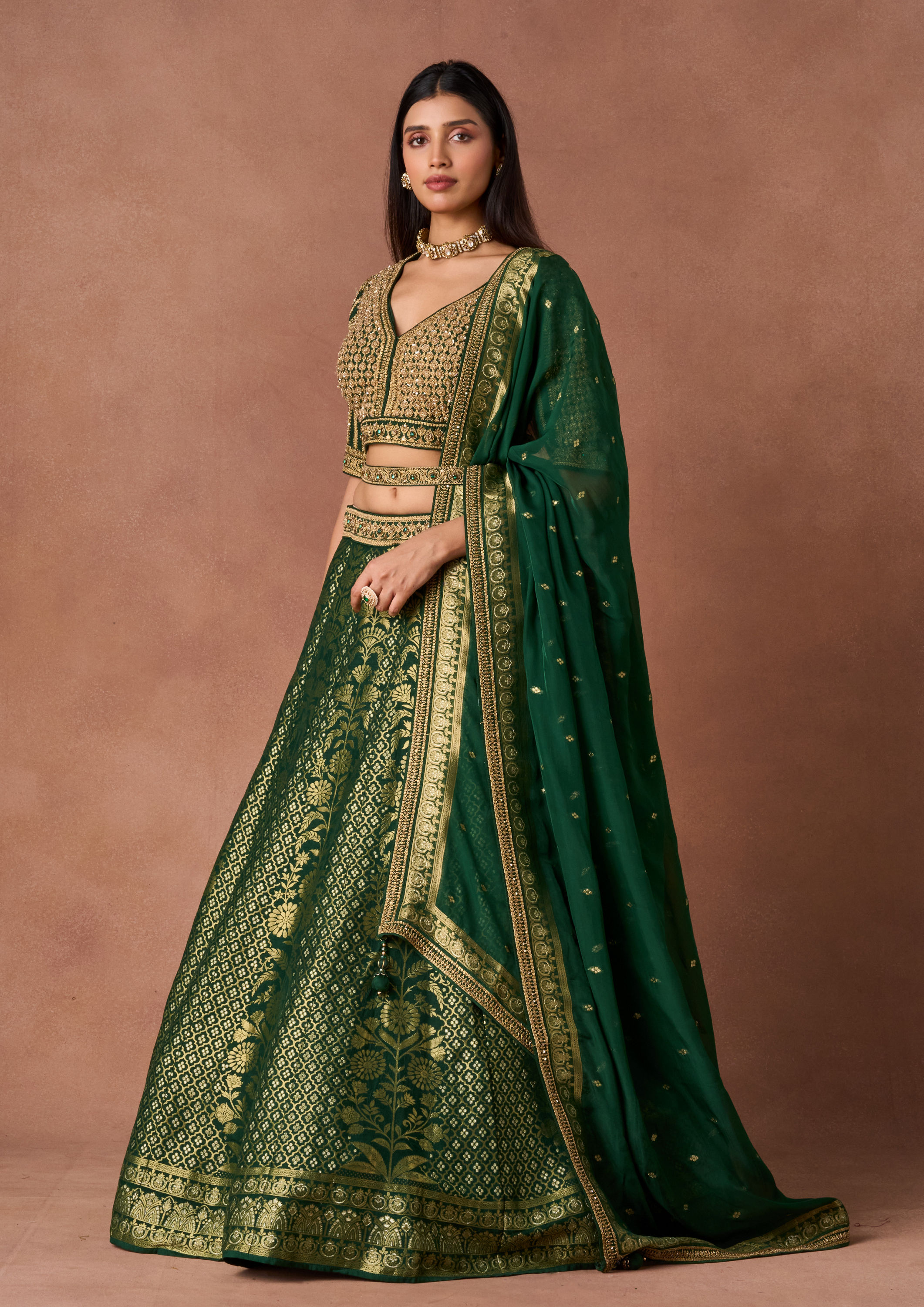 Twamev Women Bottle Green Gold-Printed Lehenga
