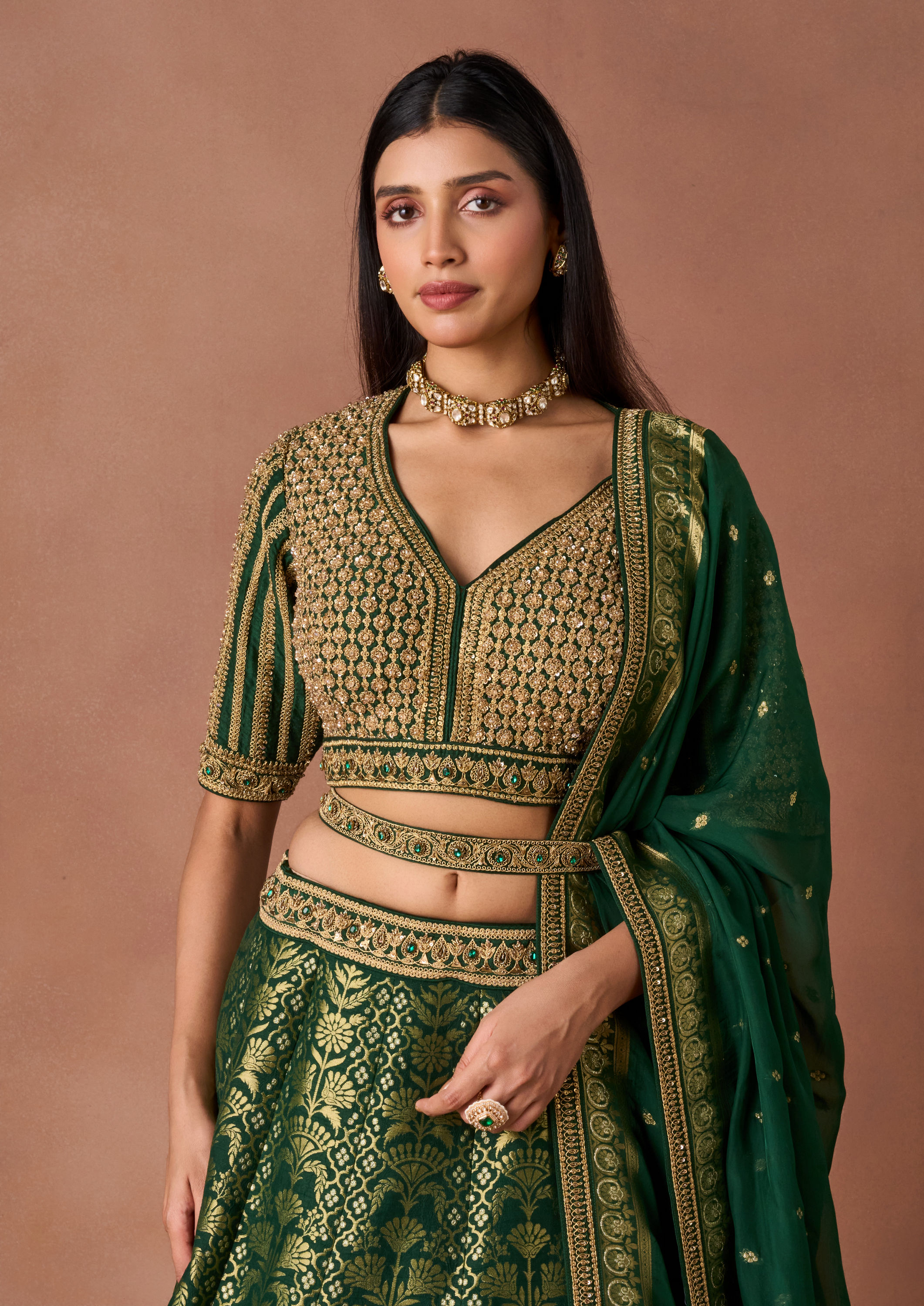 Twamev Women Bottle Green Gold-Printed Lehenga