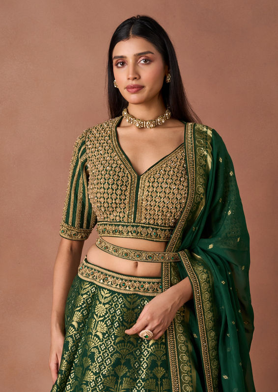 Twamev Women Bottle Green Gold-Printed Lehenga