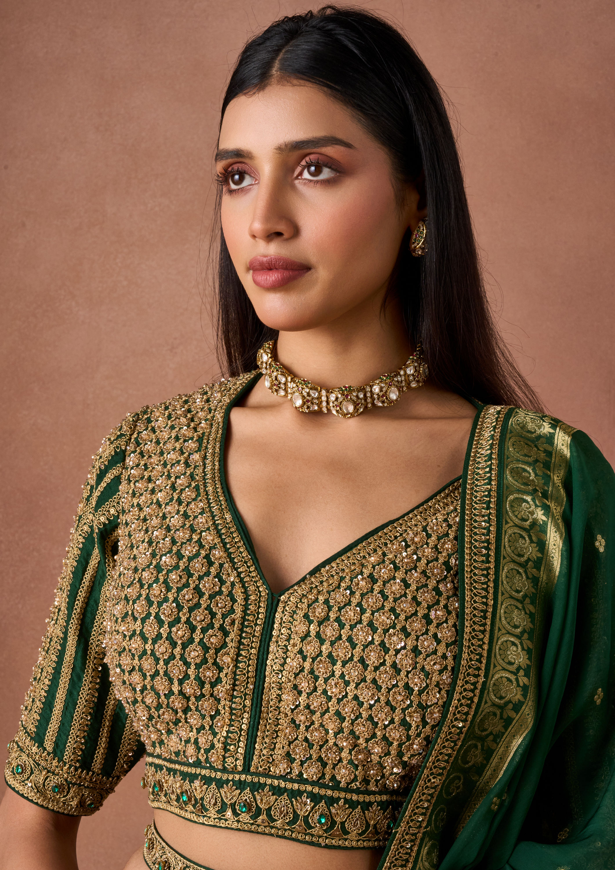 Twamev Women Bottle Green Gold-Printed Lehenga