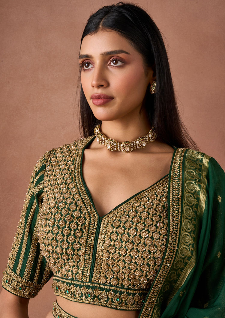 Twamev Women Bottle Green Gold-Printed Lehenga