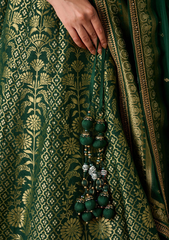 Twamev Women Bottle Green Gold-Printed Lehenga
