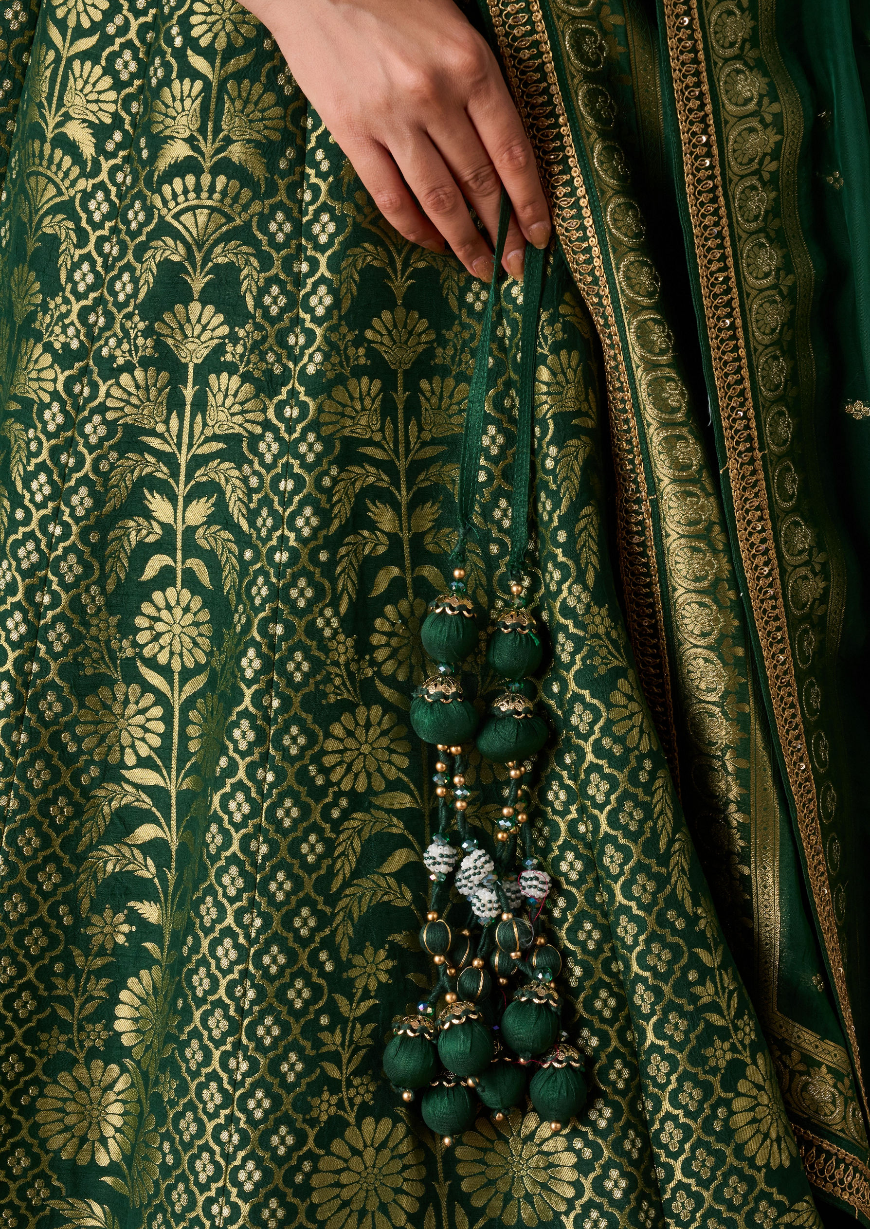 Twamev Women Bottle Green Gold-Printed Lehenga