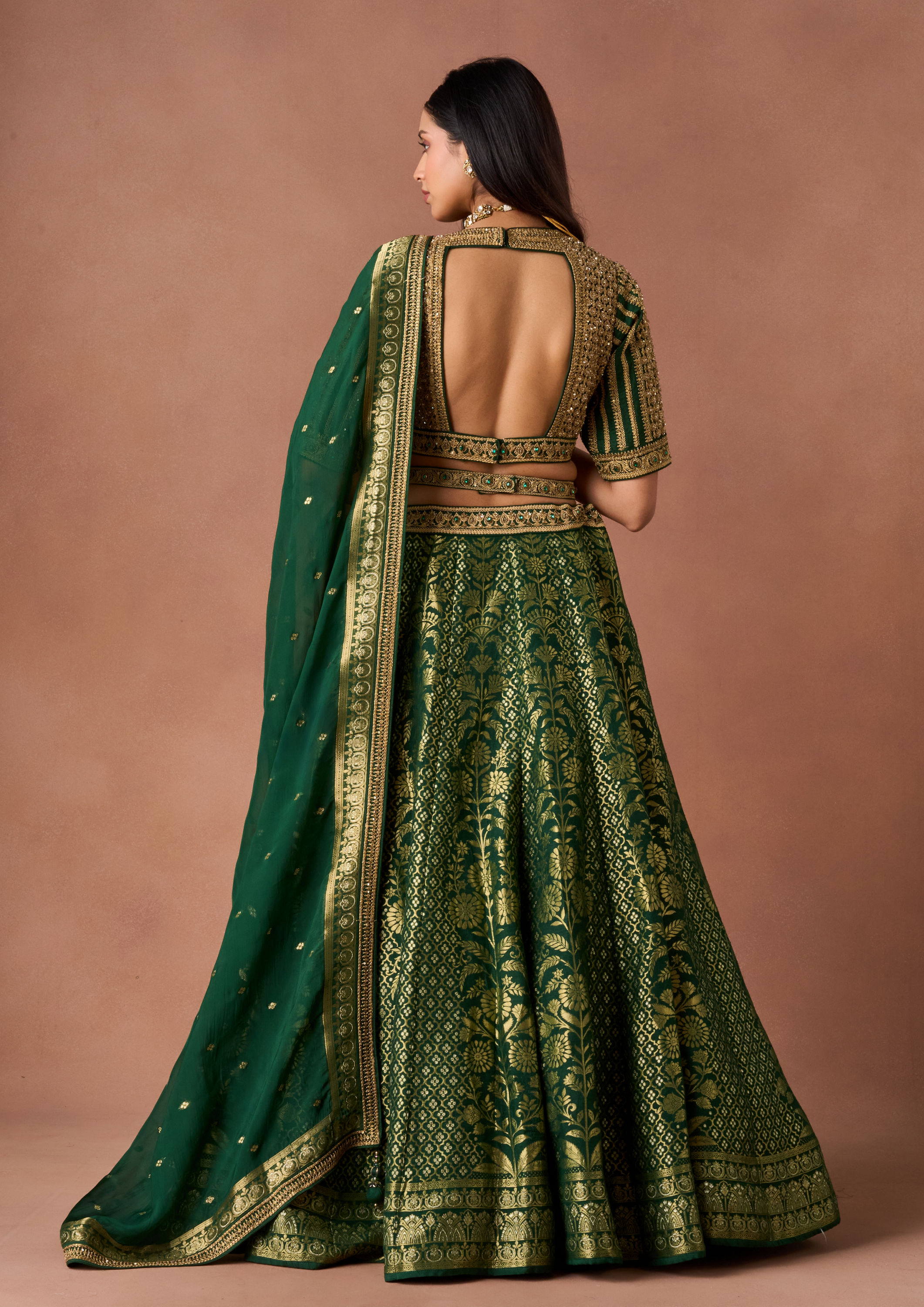 Twamev Women Bottle Green Gold-Printed Lehenga