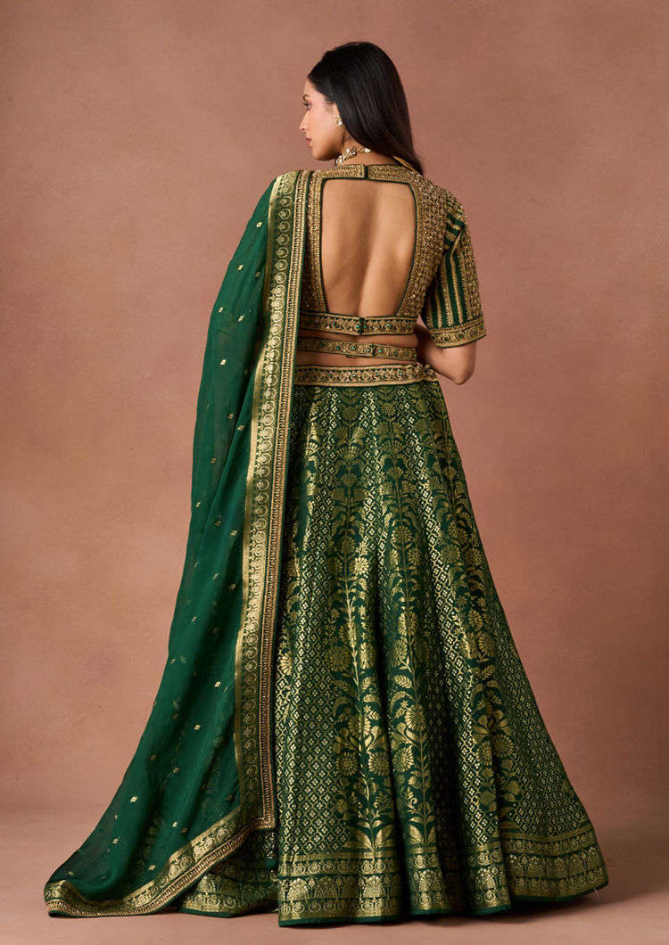 Twamev Women Bottle Green Gold-Printed Lehenga