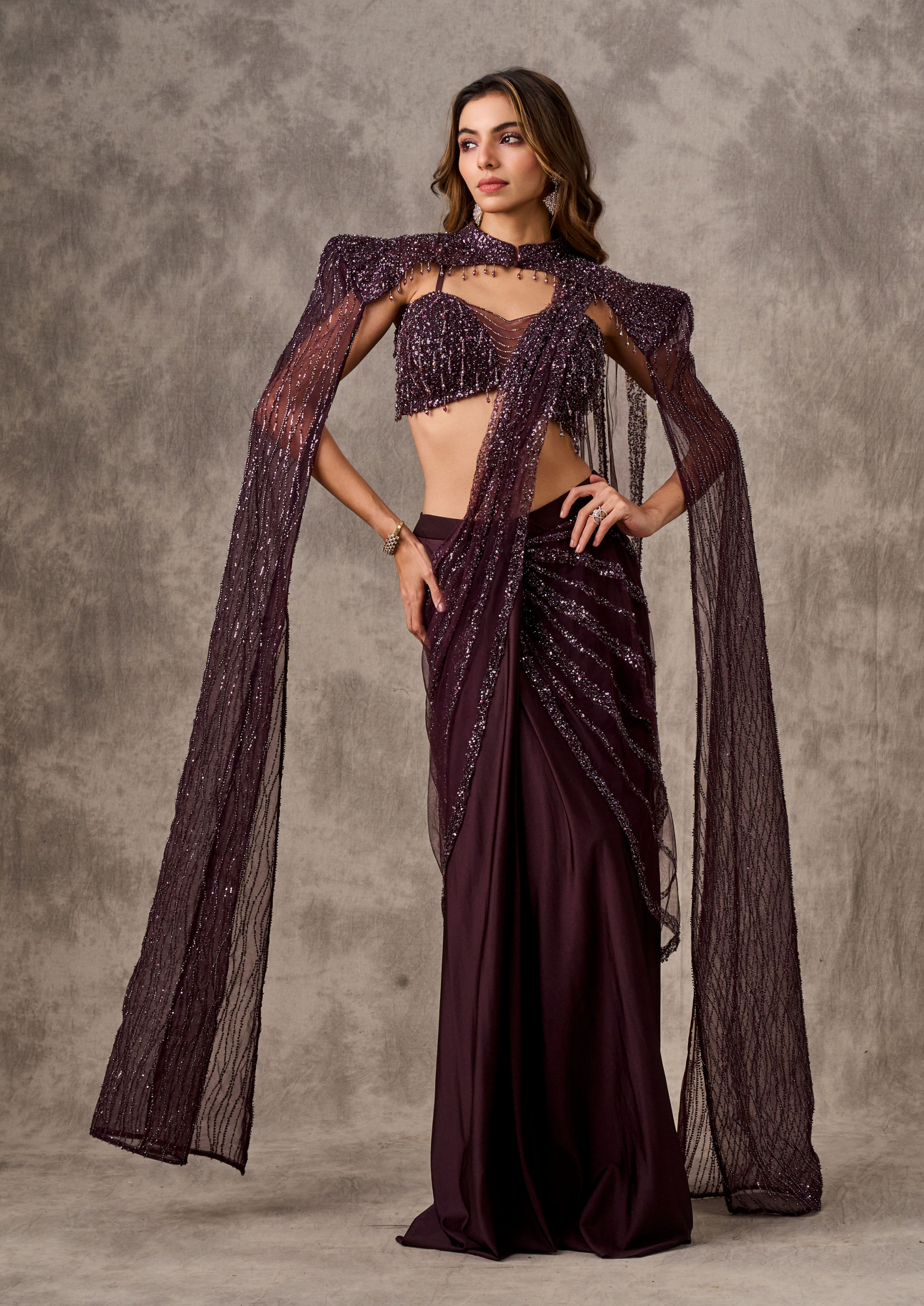 Twamev Women Radiant Wine Satin Drape Saree