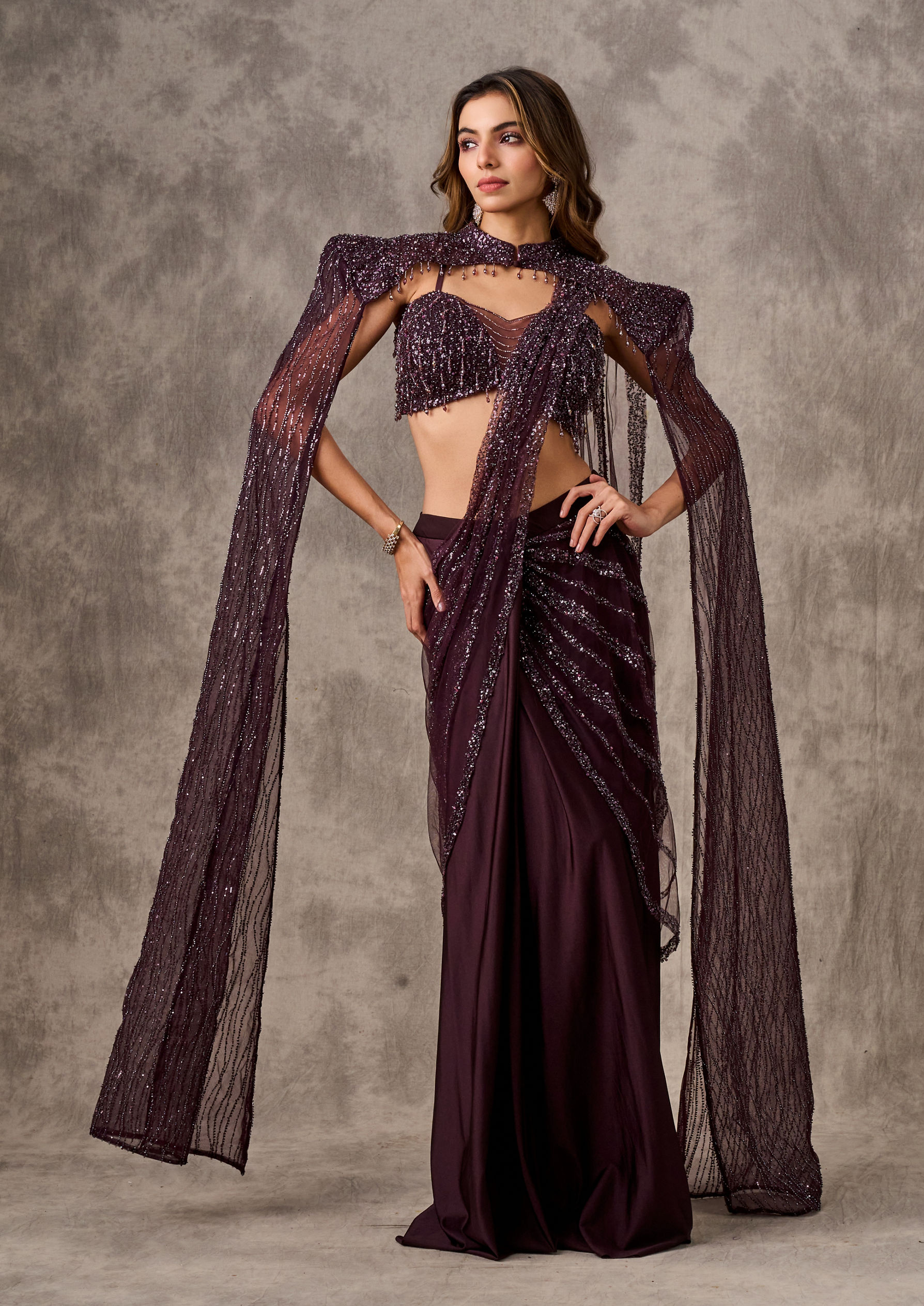 Twamev Women Radiant Wine Satin Drape Saree