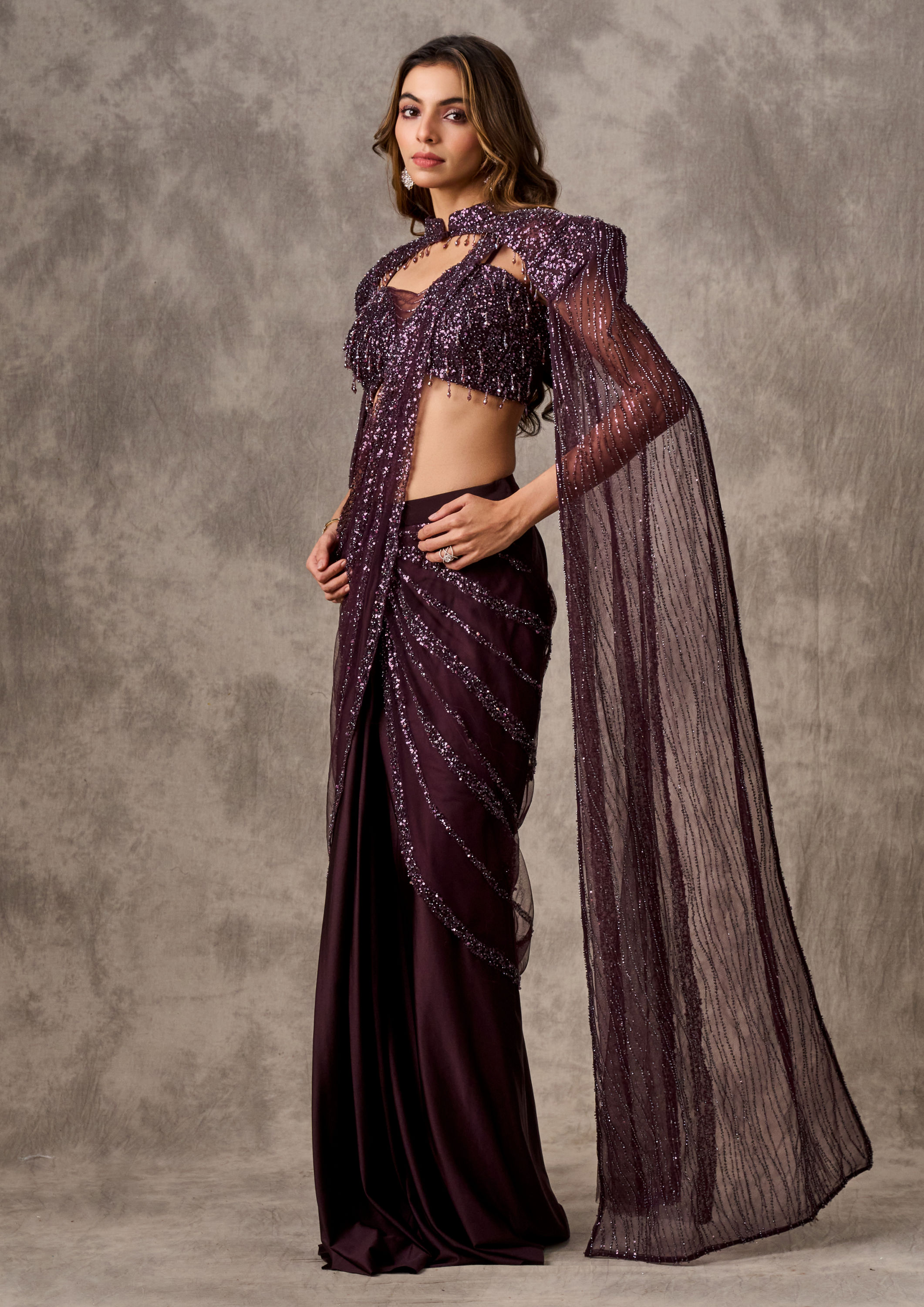 Twamev Women Radiant Wine Satin Drape Saree