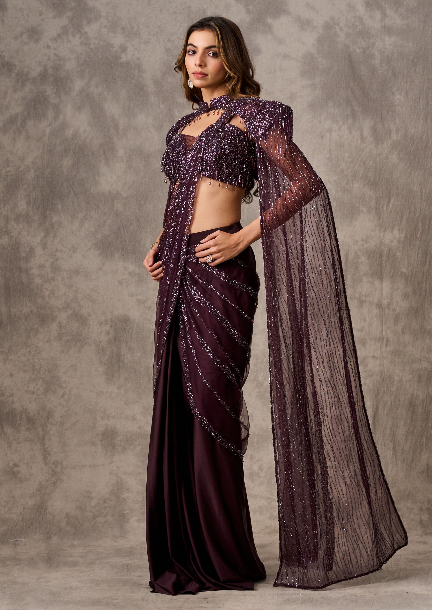 Twamev Women Radiant Wine Satin Drape Saree