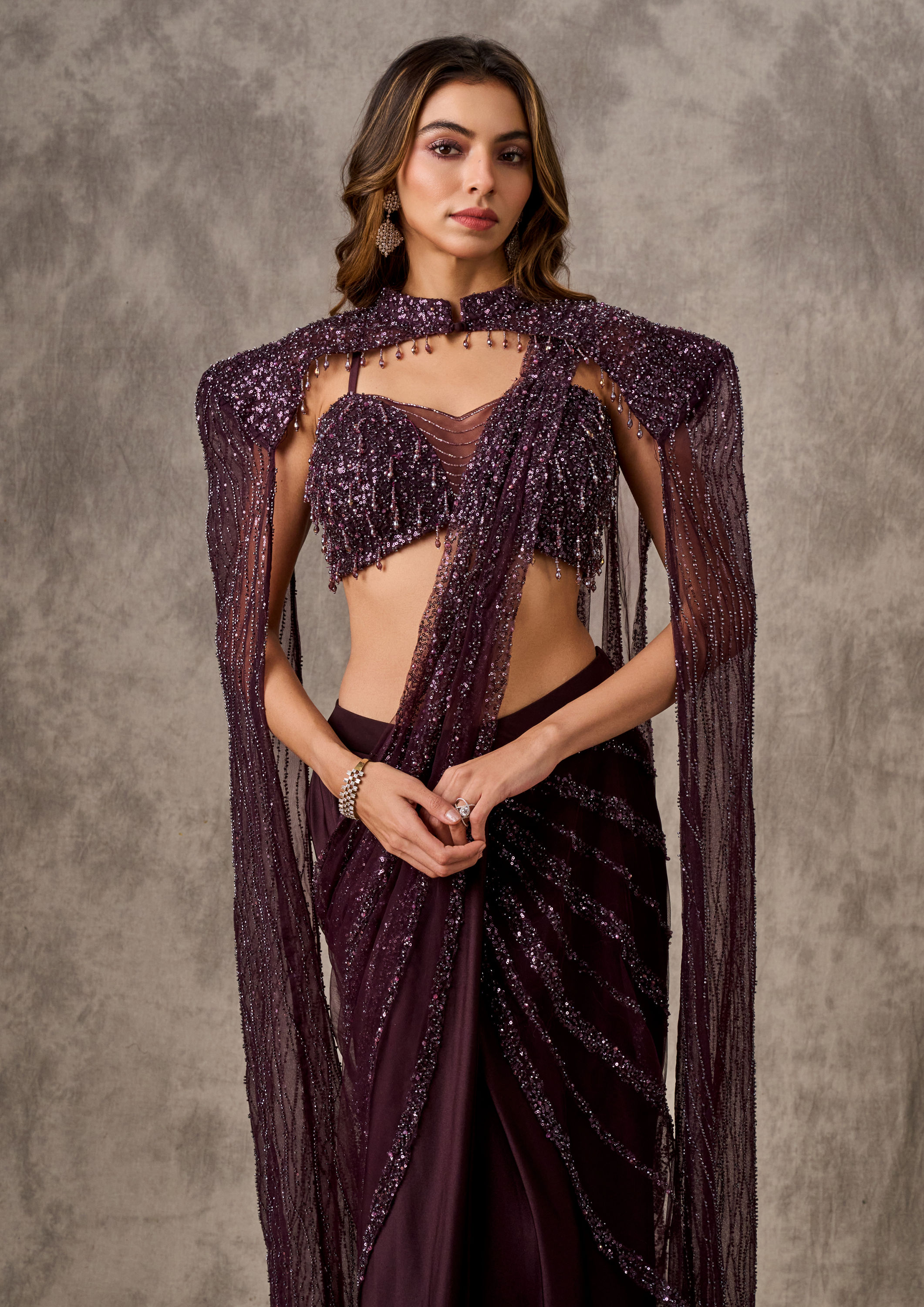 Twamev Women Radiant Wine Satin Drape Saree