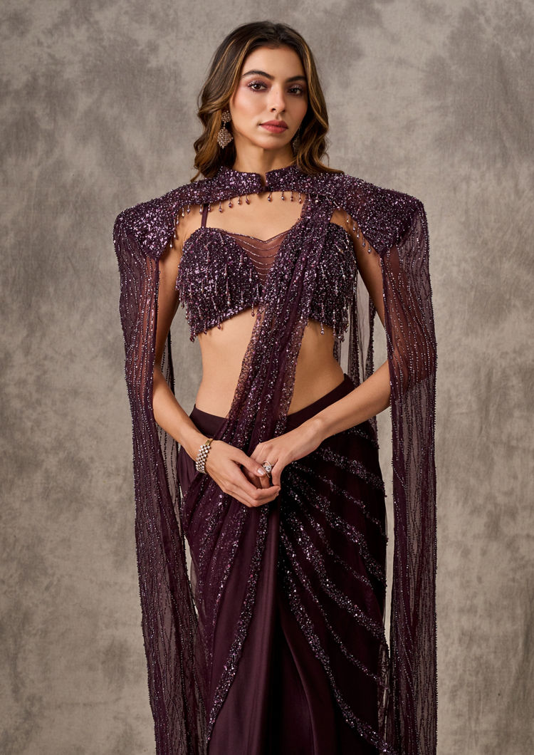 Twamev Women Radiant Wine Satin Drape Saree